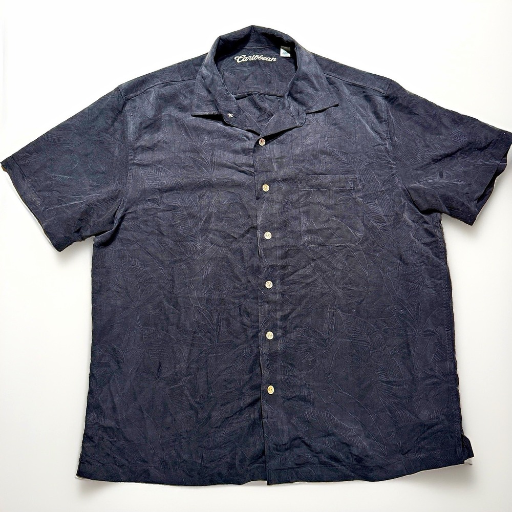 Caribbean Men's Navy Floral Cotton Woven SS Button-Up Shirt Pockets XL
